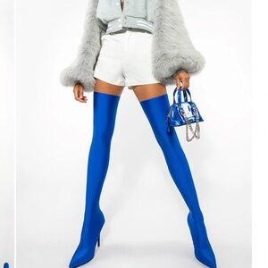 AZALEA WANG Heartout Thigh High Stiletto Boots in Blue. NWOT/Box. Size 10